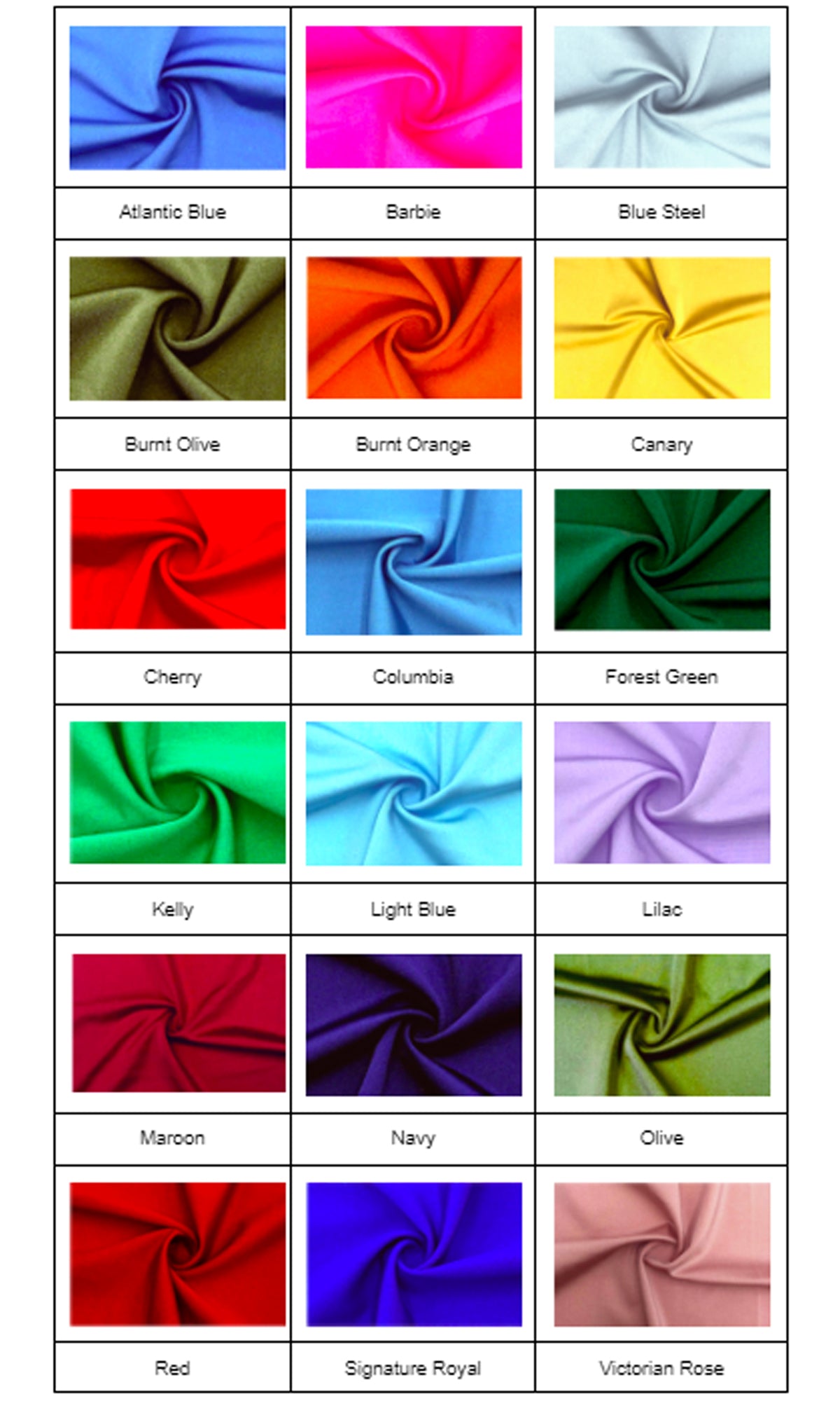 An 18-color chart displays fabric swatches in 3 columns and 6 rows, each labeled with a unique name—ideal for selecting the perfect shade for your Open-Back Long V-Neck Prom Dress: Atria 7002H.